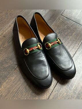Gucci Web Brixton Blsck Leather Web Horsebit Loafers Size 6 Men